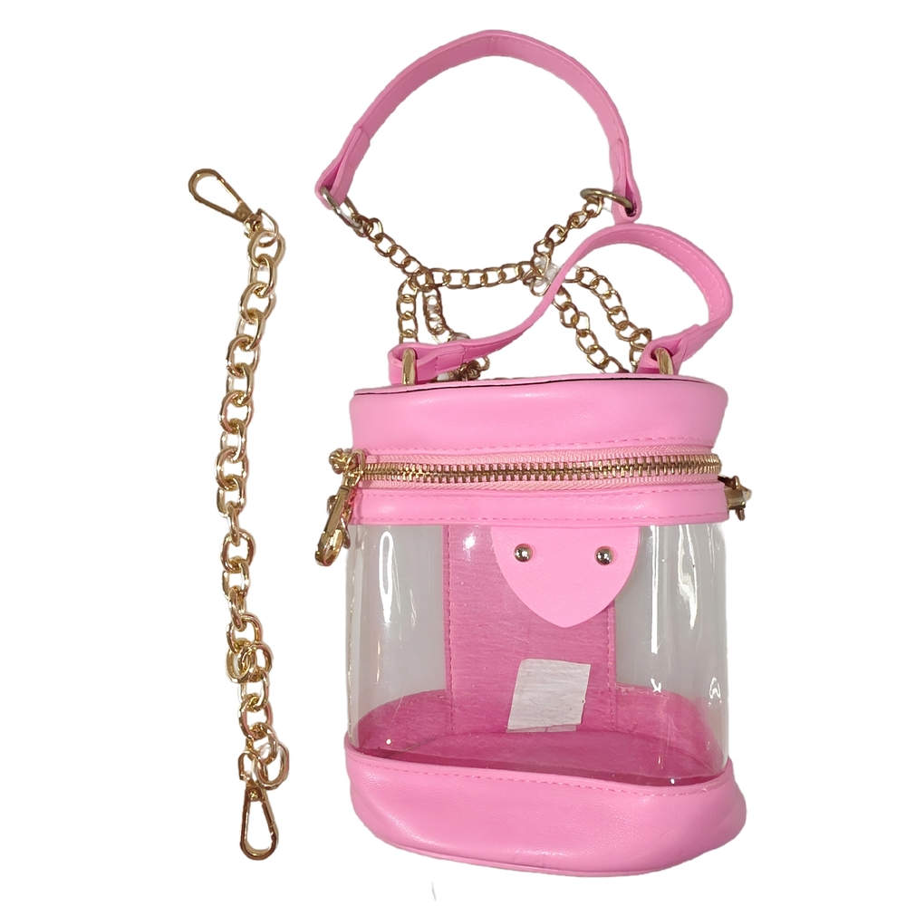 Pink clear mini bucket bag with gold chain strap